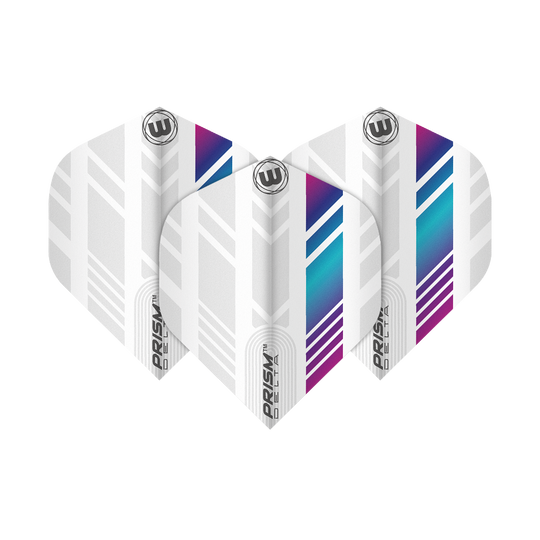 6915-213_Winmau_Prism_Delta_6915-213_Standard_Flights_1vVW78bffVdBBf Das Bild zeigt die Winmau Prism Delta 6915.213 Standard Flights. Sie sind überwiegend weiß mit bunten, geometrischen Mustern in Blau, Lila und Türkis.