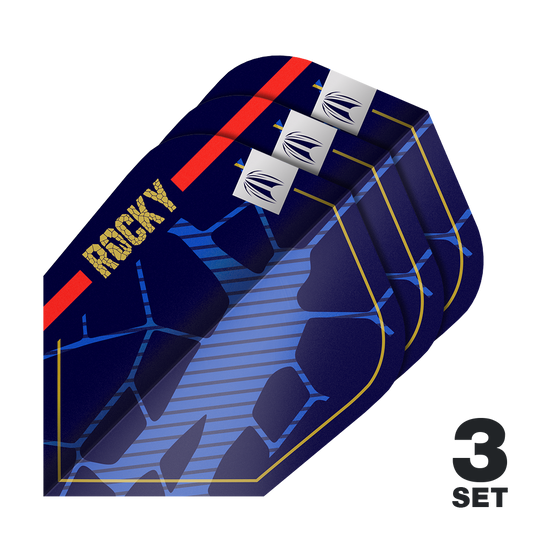 Target Pro Ultra Josh Rock GEN1 Ten-X Flights - 3 Sets Das Bild zeigt drei Sätze der Target Pro Ultra Josh Rock GEN1 Ten-X Flights. Die Flights sind dunkelblau mit goldenen, roten und blauen Akzenten und dem Schriftzug "ROCKY".