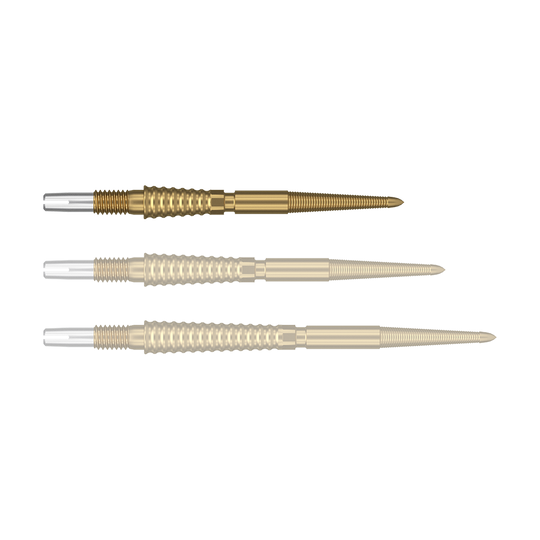 Target Swiss Storm LNC dart tips - gold Das Bild zeigt drei goldene Dartspitzen, die nebeneinander angeordnet sind. Die Spitzen haben einen strukturierten Griffbereich und silberne Endstücke.
