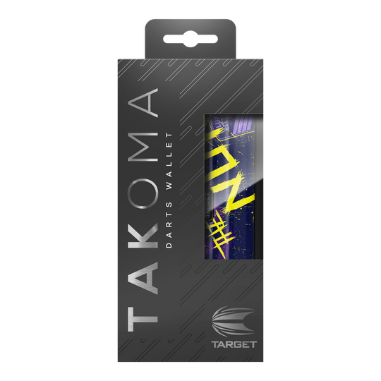 Target Takoma Luke Littler dart case Die Abbildung zeigt die Verpackung des "Target Takoma Luke Littler Dartcase". Die Schachtel ist überwiegend schwarz mit silberner Schrift und einem Sichtfenster, das einen Teil des Dartcase-Designs zeigt.