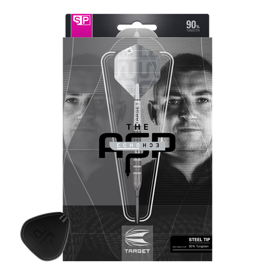 Die Verpackung zeigt die Target Nathan Aspinall X Echo Swiss Point Steeldarts. Auf der Vorderseite sind ein Dartpfeil und das Porträt eines Mannes zu sehen.