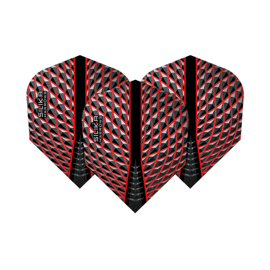 HR80_Harrows_Silika_Red_No6_Flights_15UyhR3HlXt4ok Das Bild zeigt die Harrows Silika Red No6 Flights. Sie haben ein auffälliges Muster in Rot, Schwarz und Silber.