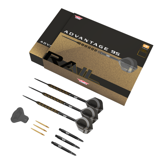 Abgebildet ist das Bulls NL Advantage 95 Rail Convertible Point Steeldarts Set. Die Darts sind schlank gehalten.