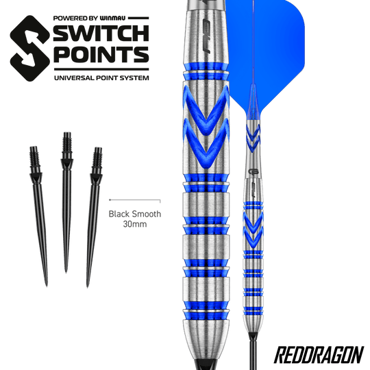 Die Red Dragon Gerwyn Price Blue Original Switch Point Steeldarts werden präsentiert. Sie zeichnen sich durch ihr markantes blaues Design aus.