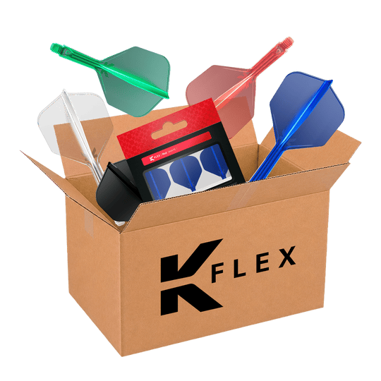 Auf dem Bild ist die McDart Mystery-Box mit K-Flex-Zubehör zu sehen. Die Mystery-Box enthält verschiedene Überraschungsartikel für Dartspieler.