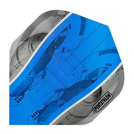 P-216-Penathlon-Silver-Edge-Blue-Flights Das Bild zeigt die "Pentathlon Silver Edge Blue Flights" mit einem futuristischen blauen Design und silbernen Rändern. Das Wort "Pentathlon" ist auf einem der silbernen Bereiche gut sichtbar gedruckt.
