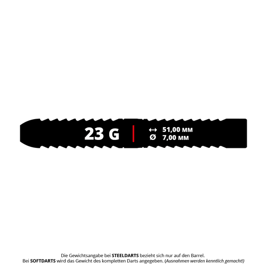 Mission Llew Bevan Black Red Electro Steeldarts - 23g. Schwarze und rote Steeldarts mit einem Gewicht von 23 Gramm.