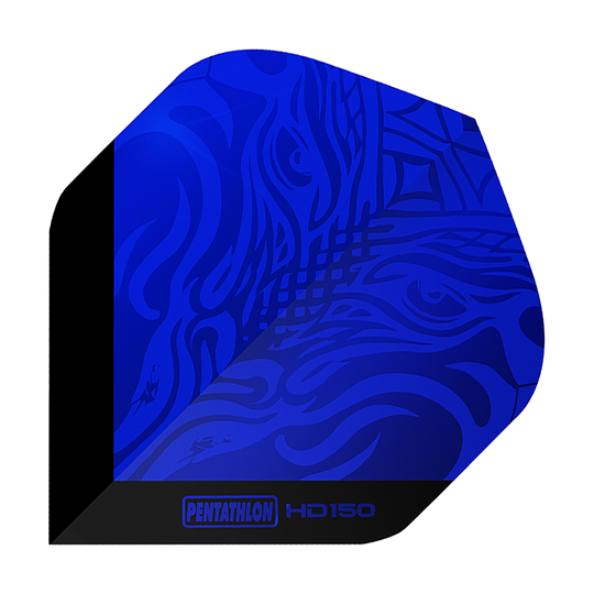 Das Bild zeigt ein Dartflight in metallisch blau mit künstlerischem Muster. Unten steht der Schriftzug „PENTATHLON HD150“.
