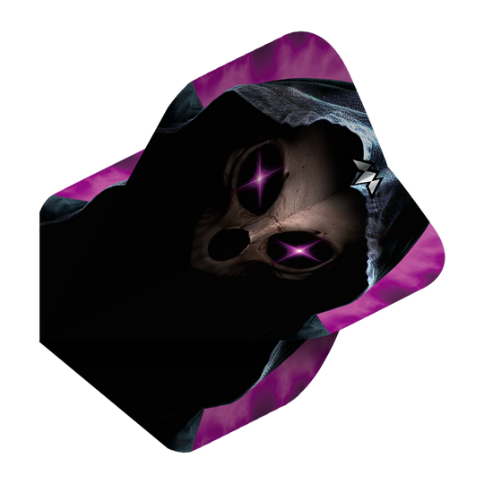 Mission Solo Phantom No2 Standard Flights Das Bild zeigt das Produkt "Mission Solo Phantom No2 Standard Flights". Auf der Flight ist ein düsteres, maskenartiges Gesicht mit leuchtenden, lilafarbenen Augen und violetter Umrandung abgebildet.