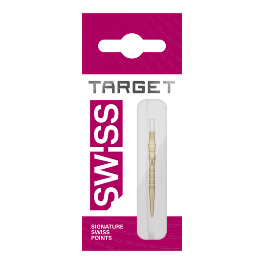 Target Signature Swiss Point TRB steel dart tips - gold Drei goldene Target SwissPoint Signature TRB Dartspitzen mit 30mm Länge werden dargestellt. Die Spitzen liegen nebeneinander.