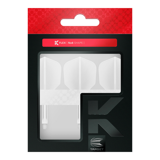 Target K-Flex No6 Flight System - White Das Bild zeigt eine Verpackung mit drei weißen Dartflights und Schäften. Die Verpackung ist überwiegend schwarz mit einem roten Bereich oben und der Aufschrift "K FLEX | No6 SHAPE".