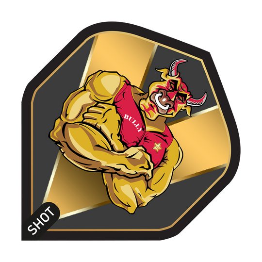 Das Bild zeigt ein Dartflight-Design mit einem muskulösen Stier im roten Trikot, auf dem "BULLY" steht. Im Hintergrund sind goldene und schwarze Farbakzente sowie das Logo "SHOT" zu sehen.