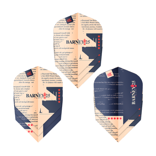 Das Bild zeigt drei Dart-Flights des Produkts "Target ProUltra Raymond Van Barneveld Barney25 No6". Die Flights sind in Dunkelblau und Beige gestaltet und mit Text, Sternen sowie der Aufschrift "BARNEY25" verziert.