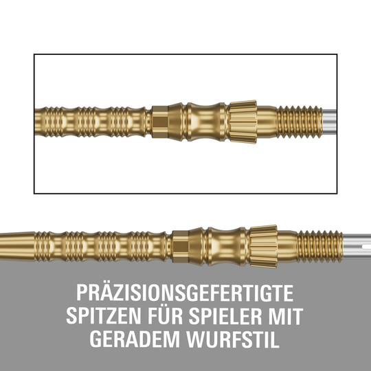 Gezeigt werden Target Signature Swiss Point TRB Steeldartspitzen - Gold. Diese Dartspitzen haben eine goldene Farbe und sind für Steeldarts gedacht.