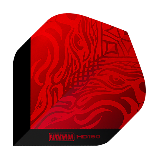 Das Bild zeigt ein rotes Dartflight mit einem abstrakten Muster. Unten steht der Schriftzug „Pentathlon HD150“.