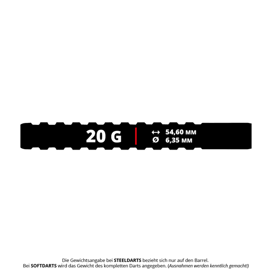 Red Dragon Javelin Speedline Soft Darts - 20g Das Bild zeigt die Maße und das Gewicht des Produkts "Red Dragon Javelin Speedline Softdarts - 20g". Der Dart wiegt 20 Gramm, ist 54,60 mm lang und hat einen Durchmesser von 6,35 mm.
