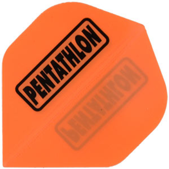 p16 Das Bild zeigt ein orangefarbenes Dart-Flight mit der Aufschrift "PENTATHLON" in schwarzer Schrift. Es handelt sich um das Produkt "Pentathlon Flights P16".