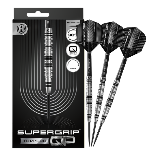 Harrows Supergrip Torpedo Quick Point Steel Darts Abgebildet sind Harrows Supergrip Torpedo Quick Point Steeldarts. Die Steeldarts sind vollständig dargestellt.