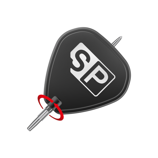 Target Swiss Point GRD Silver dart tips Das Bild zeigt eine silberne Dartspitze der Marke "Target Swiss Point GRD". Die Spitze ist an einem schwarzen Flightschutz mit den Buchstaben "SP" befestigt.