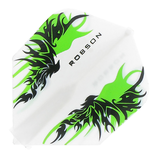 Robson Plus Flights Standard Finn White Das Bild zeigt ein Robson Plus Flights Standard Finn White Dart-Flügel. Er ist weiß mit schwarzen und grünen Tribal-Mustern und dem Schriftzug "ROBSON" in der Mitte.