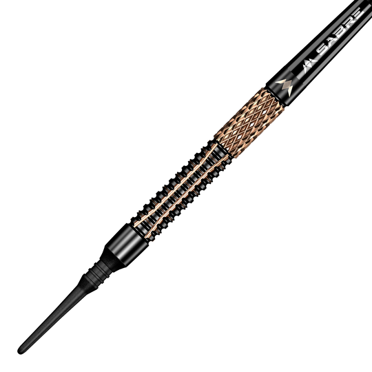 Mission Horus Softdarts - 19g Das Bild zeigt einen Mission Horus Softdart mit einem Gewicht von 19 Gramm. Der Dart hat ein elegantes Design mit goldfarbenen und schwarzen Elementen.