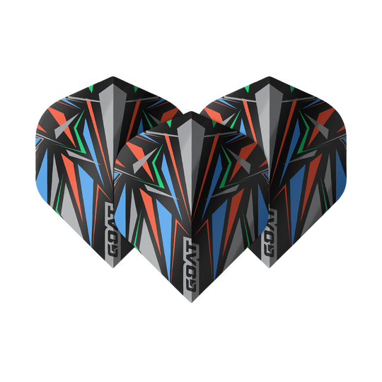 Das Bild zeigt drei GOAT Athlete Black No2 Standard Flights mit einem auffälligen, bunten geometrischen Muster. Die Flights sind überwiegend in Schwarz gehalten und haben rote, blaue, grüne und graue Akzente.