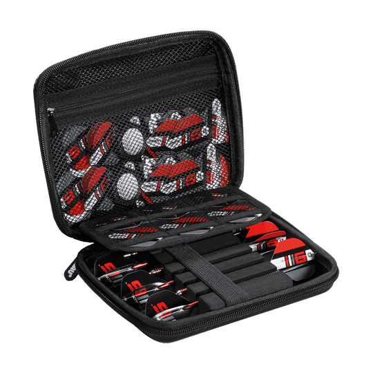 8134_Winmau_Blade_6_XL_Dartcase_2_NEU Das Bild zeigt das Produkt "Winmau Blade 6 XL Dartcase". Es ist ein aufklappbares Etui, das mehrere Darts und Zubehör ordentlich aufbewahrt.