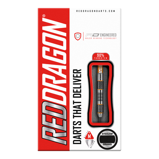 Red Dragon Amberjack 5 steel darts - 24g Die Abbildung zeigt die Verpackung der "Red Dragon Amberjack 5 Steeldarts - 24g". Auf der Packung sind ein sichtbarer Dartpfeil und die Aufschrift "Darts That Deliver" zu sehen.