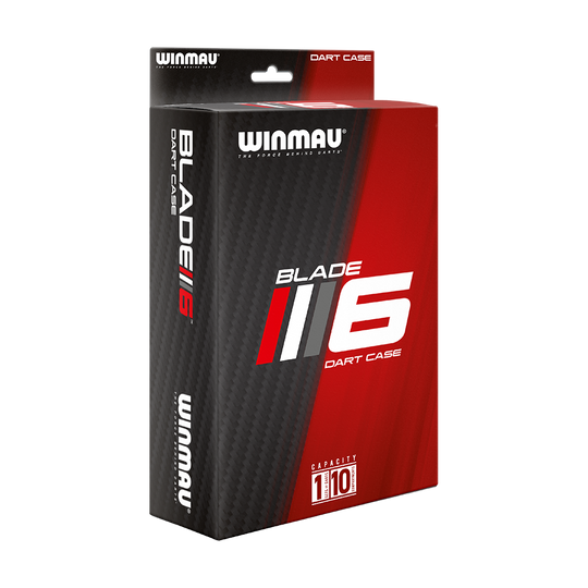 8334_Winmau_Blade6_Dartcase_5 Die Abbildung zeigt die Verpackung des Produkts „Winmau Blade 6 Dartcase“. Die Verpackung ist in Schwarz und Rot gehalten und hebt die Kapazität von 1 Satz mit 10 Taschen hervor.