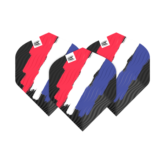 TG12_335770_Target_ProUltra_Flag_Holland_No2_Standard_Flights_1s59E871JUc4k0 Das Bild zeigt drei Dartflights mit einem Design in den Farben Rot, Weiß und Blau. Die Flights haben ein stilisiertes Muster, das an die niederländische Flagge erinnert.