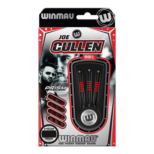Die Abbildung zeigt die "Winmau Joe Cullen 85 Pro-Series Steeldarts" in ihrer Verpackung. Drei Darts mit schwarzem und rotem Design sind deutlich sichtbar angeordnet.