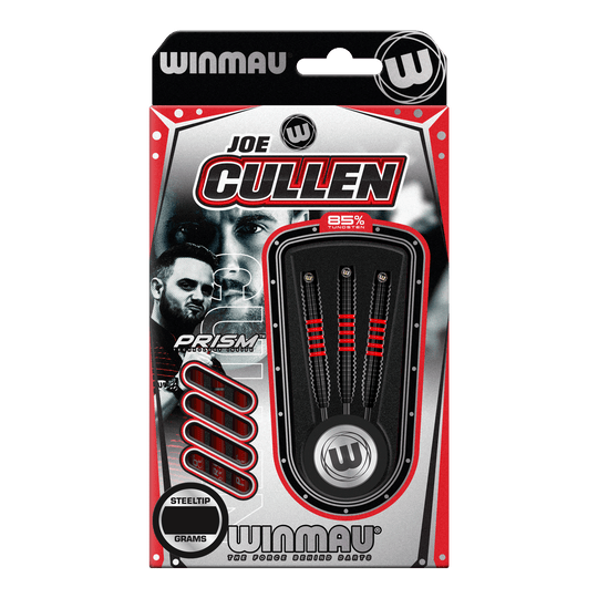 Winmau Joe Cullen 85 Pro-Series steel darts Die Abbildung zeigt die "Winmau Joe Cullen 85 Pro-Series Steeldarts" in ihrer Verpackung. Drei Darts mit schwarzem und rotem Design sind deutlich sichtbar angeordnet.