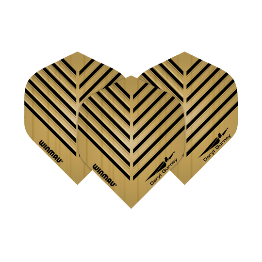 6800-114_Winmau_Daryl_Gurney_Embossed_Flights_1 Das Bild zeigt drei goldene Dartflights mit schwarzen, V-förmigen Linien. Auf den Flights stehen die Namen "Winmau" und "Daryl Gurney".