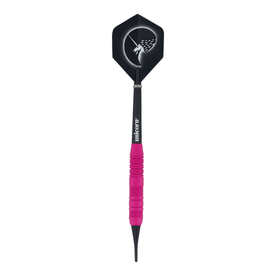 Das Bild zeigt einen Unicorn Core Plus Rubberised Pink Softdart mit einem Gewicht von 19 Gramm. Der Dartpfeil hat einen pinkfarbenen, gummierten Griff und eine schwarze Flights mit einem stilisierten Einhorn-Design.