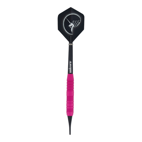 Unicorn Core Plus Rubberised Pink Softdarts - 19g Das Bild zeigt einen Unicorn Core Plus Rubberised Pink Softdart mit einem Gewicht von 19 Gramm. Der Dartpfeil hat einen pinkfarbenen, gummierten Griff und eine schwarze Flights mit einem stilisierten Einhorn-Design.