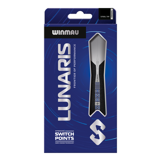 Abgebildet sind die Winmau Lunaris Tapered Switch Point Steeldarts. Diese Steeldarts besitzen ein modernes, abgestimmtes Design für Dartspieler.