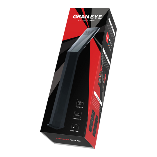 Das Bild zeigt die Verpackung des Produkts "GranDarts GranEye Steeldart Auto-Scoring-System". Auf der Schachtel sind ein Bild des Geräts sowie Hinweise auf Funktionen wie KI-System, Live-Video und Zoom-Ansicht abgebildet.