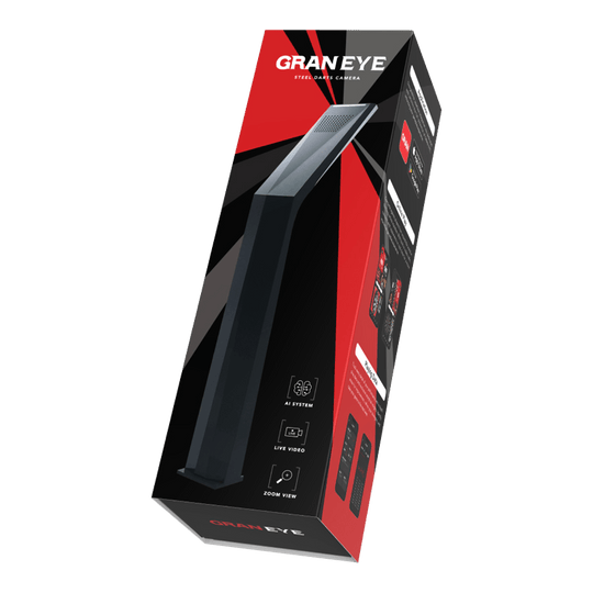 GranDarts Gran Eye GEN2 Steeldart auto scoring system Das Bild zeigt die Verpackung des Produkts "GranDarts GranEye Steeldart Auto-Scoring-System". Auf der Schachtel sind ein Bild des Geräts sowie Hinweise auf Funktionen wie KI-System, Live-Video und Zoom-Ansicht abgebildet.