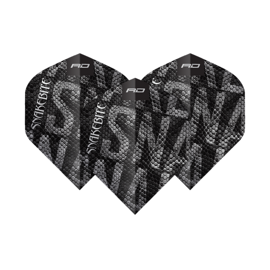 Das Bild zeigt ein Set der Red Dragon Pro Player Premium Peter Wright Black Mamba Premium No2 Standard Flights. Sie sind robust und perfekt für Dartfans.