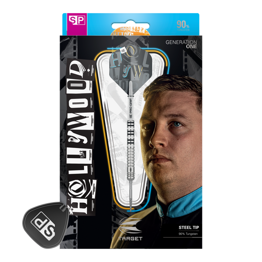 Target Chris Dobey GEN1 Swiss Point steel darts Auf der Verpackung ist ein Steeldart-Set mit dem Namen "Hollywood" abgebildet. Im Hintergrund sieht man das Porträt eines Mannes und den Hinweis, dass der Dart 90% Tungsten enthält.