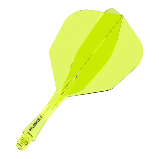 Das Bild zeigt ein neon-gelbes Dartflight- und Shafts-System. Auf dem Schaft steht das Wort "FUSION".