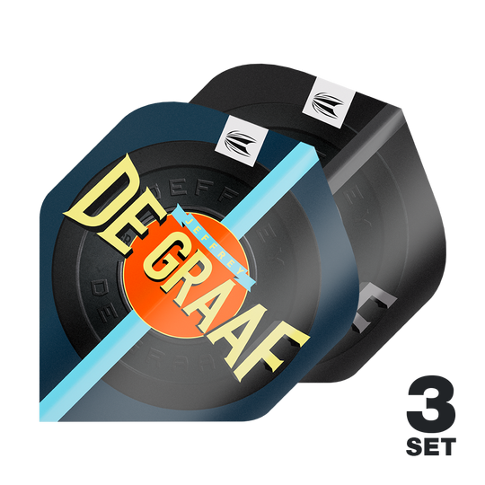 Target Pro Ultra Jeffrey De Graaf GEN1 No2 Standard Flights - 3 sets Das Bild zeigt drei Sets der Target Pro Ultra Jeffrey De Graaf GEN1 No2 Standard Flights. Auf den Flights ist der Name "DE GRAAF" in großen Buchstaben zu sehen.