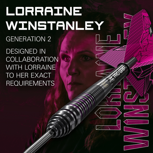 Dieses Bild zeigt ebenfalls die Target Lorraine Winstanley GEN2 Swiss Point Steeldarts - 24g. Die Detailansicht stellt die Verarbeitung und Form der Darts dar.