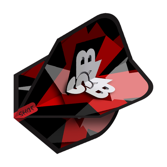 Shot Michael Smith Defiant No6 Flights Das Bild zeigt ein Dartflugblatt mit dem Namen "Shot Michael Smith Defiant No6 Flights". Es hat ein auffälliges geometrisches Muster in Rot, Schwarz und Grau mit den Buchstaben "SB" in der Mitte.