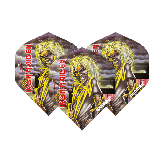6905-223_Winmau_Rockstar_Legends_Iron_Maiden_Killers_Standard_Flights_17Ccn0TkoOWELn Das Bild zeigt drei Dartflights mit dem Iron Maiden "Killers" Albumcover und dem Text "IRON MAIDEN" in roter Schrift. Die Flights sind von der Marke Winmau und tragen den Namen "Rockstar Legends Iron Maiden Killers Standard Flights".