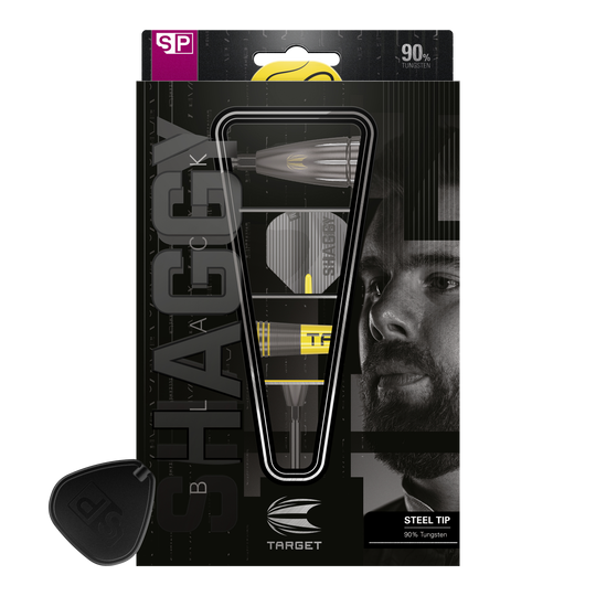 Das Bild zeigt die Verpackung der "Target Scott Williams Shaggy Black Swiss Point Steeldarts". Auf der Verpackung sind ein abgebildeter Dartpfeil sowie das Gesicht eines Mannes zu sehen.