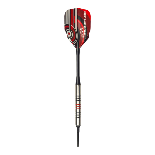 McDart 85 Tungsten V11 Soft Darts - 17.5g Dies ist ein McDart 85er Tungsten V11 Softdart mit einem Gewicht von 17,5g. Der Dart hat ein silbernes Barrel mit schwarzen und roten Ringen sowie ein rot-schwarzes Flight-Design.
