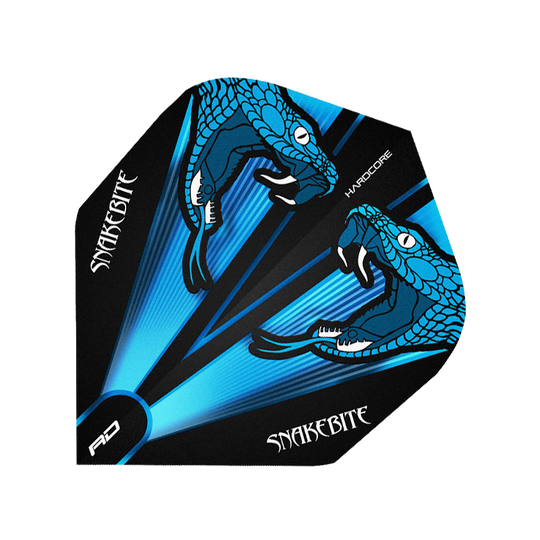 Peter-Wright-blue Das Bild zeigt ein Dartflight mit auffälligem blauen Schlangenmotiv und der Aufschrift "Snakebite". Das Produkt ist von RedDragon und gehört zur Peter Wright Serie.