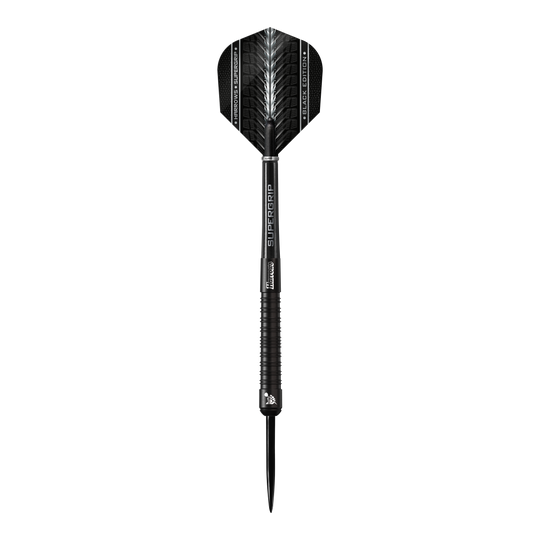Harrows Supergrip Black Edition steel darts Das Bild zeigt einen schwarzen Steeldart der Marke Harrows Supergrip Black-Edition. Der Dart hat ein elegantes, komplett schwarzes Design mit feinen silbernen Akzenten.