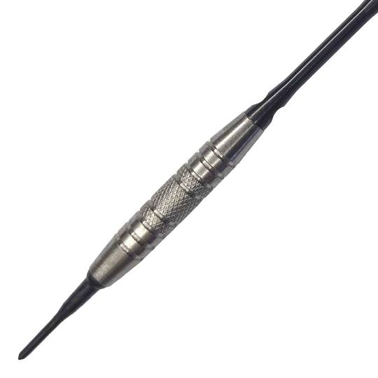 McDart 85 Tungsten V6 Soft Darts - 16g Das Bild zeigt einen Softdart namens "McDart 85er Tungsten V6" mit einem Gewicht von 16 Gramm. Der Dart hat einen silbernen, strukturierten Griffbereich für besseren Halt.